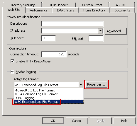 Select W3C Extended Log File Format